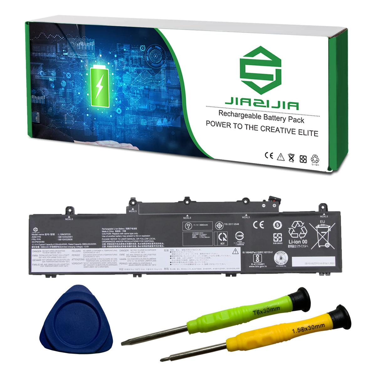 JIAZIJIA front view of L19M3PD5 battery showing branding and specs, reliable replacement