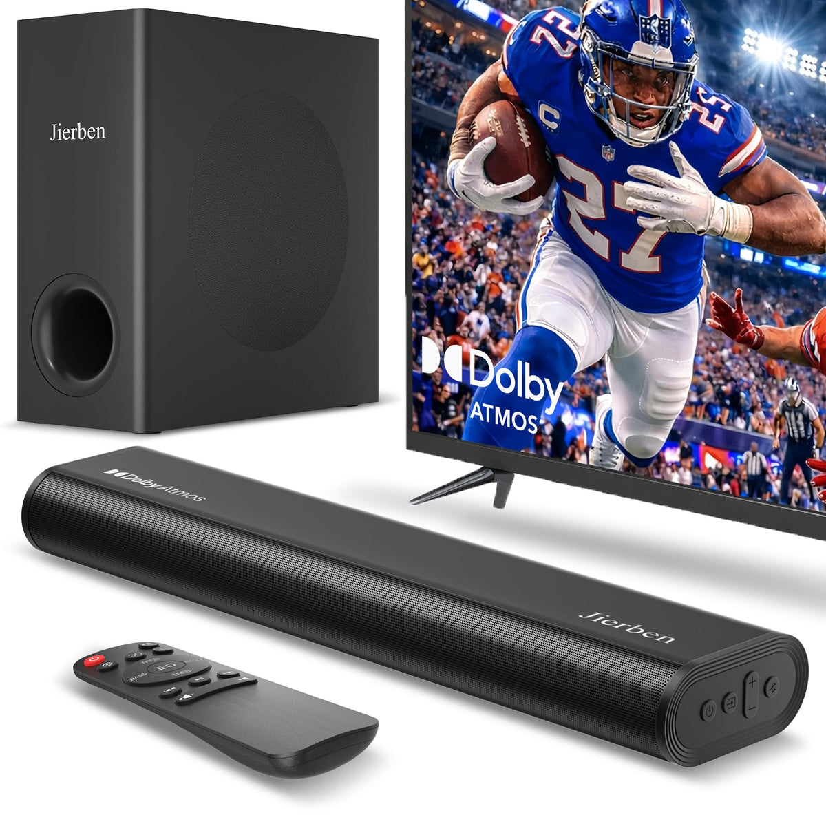 Jierben 2.1 Dolby Atmos soundbar front view with subwoofer for immersive TV audio