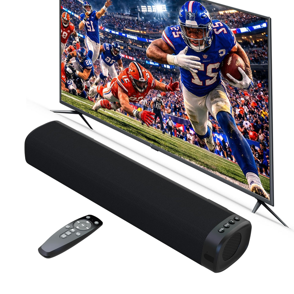 Jierben Sound Bar 50W front view showcases compact, cinema-like design.