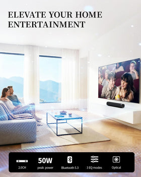 Jierben Sound Bar 50W side view highlights slim profile for under-TV placement.