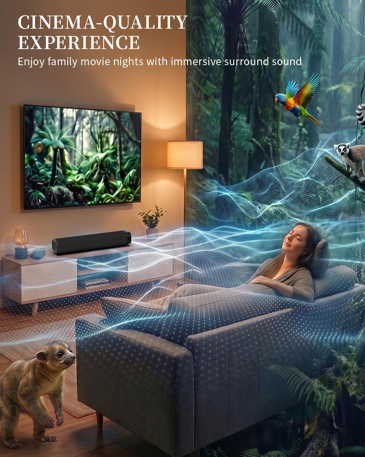 Jierben Sound Bar 50W wall-mount ready for clutter-free living rooms.