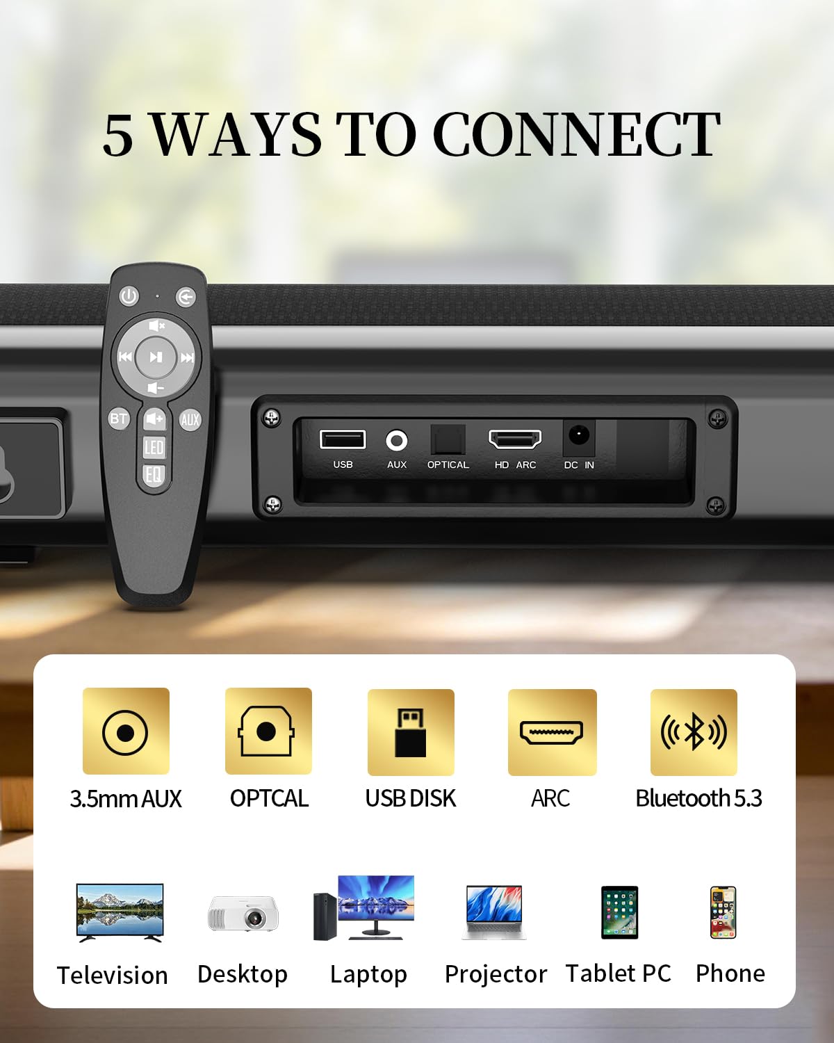 Jierben connection ports showing optical, ARC, AUX and USB