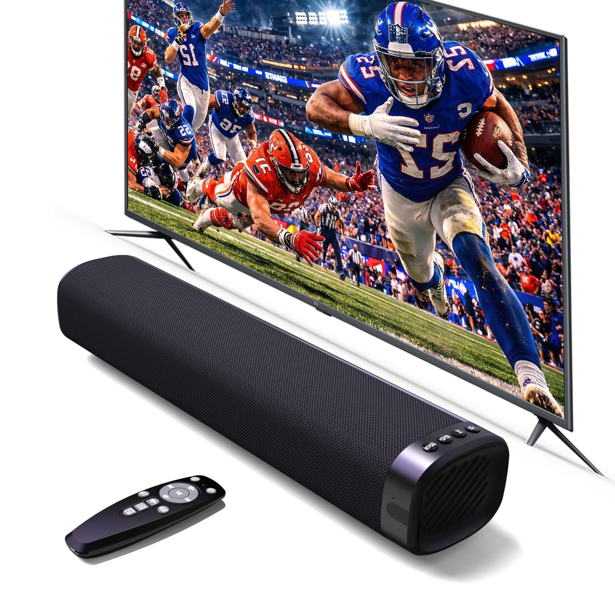 Jierben sound bar front view showing sleek grille and clear dialogue