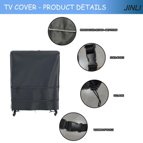 JINLI cover fitted on a rolling TV stand illustrating secure protection outdoors