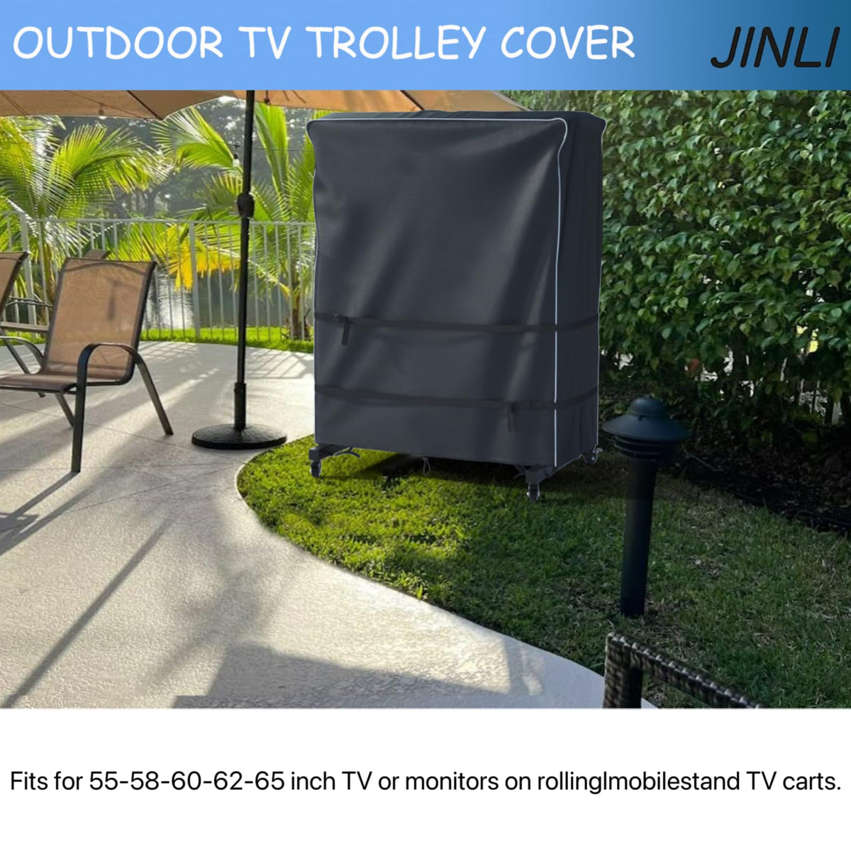 JINLI covered TV on mobile stand in courtyard protecting from elements