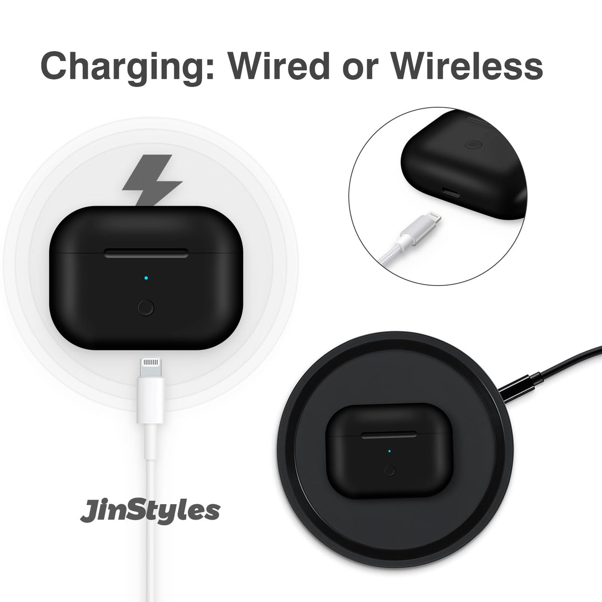 Jinstyles LED indicator detail showing charge status for convenient battery monitoring benefit