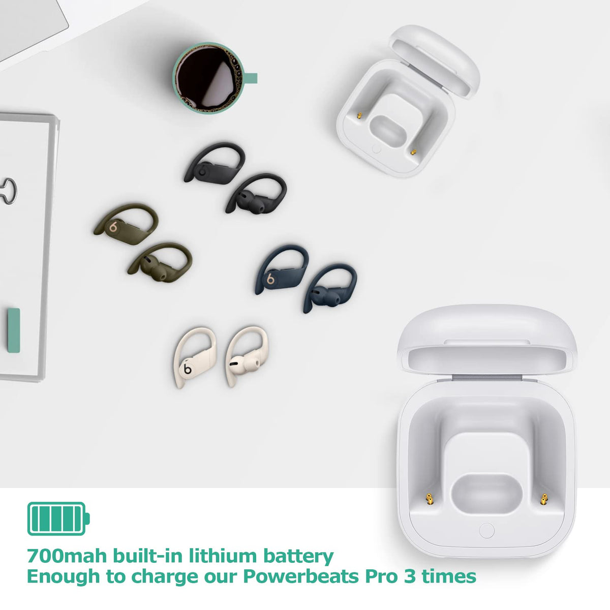 Jinstyles open case showing charging ports and secure earbud placement benefit