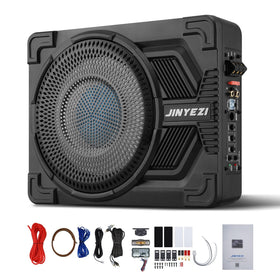 JinYeZi 10-inch under-seat subwoofer with integrated amp for trucks.