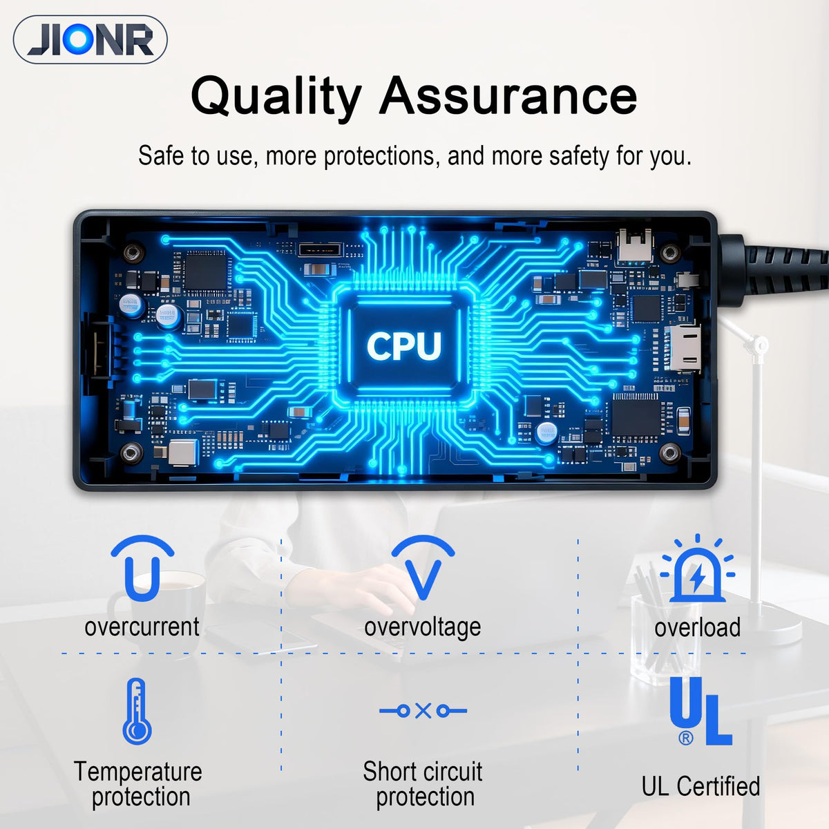 JIONR power brick label showing specs and reliable power delivery benefit