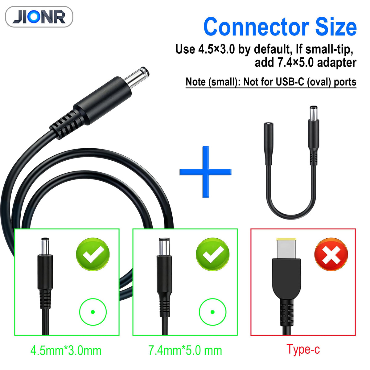 JIONR 65W Dell Inspiron DC plug 4.5x3.0mm, versatile for many laptops.