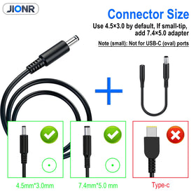 JIONR 65W Dell Inspiron DC plug 4.5x3.0mm, versatile for many laptops.