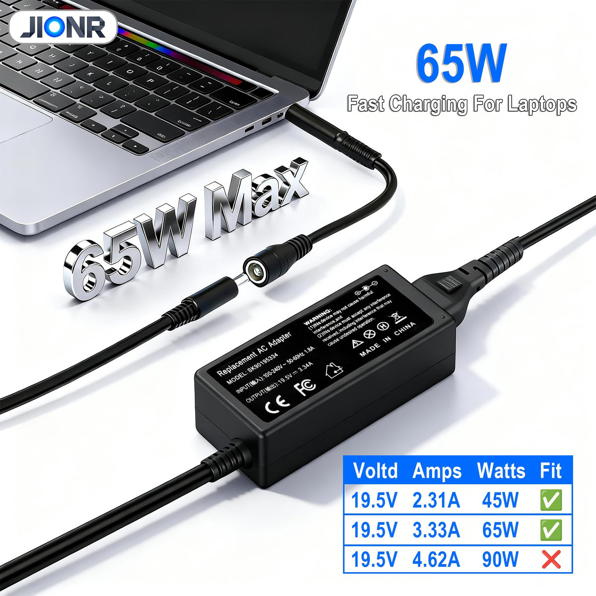 JIONR 65W Dell Inspiron power cord neatly coiled for workspace use.