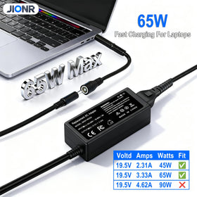 JIONR 65W Dell Inspiron power cord neatly coiled for workspace use.