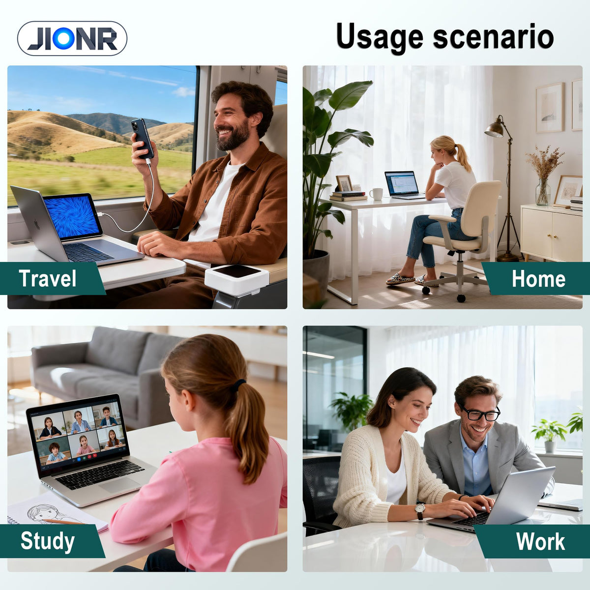 JIONR adapter in travel bag on a desk showing reliable on-the-go charging benefit
