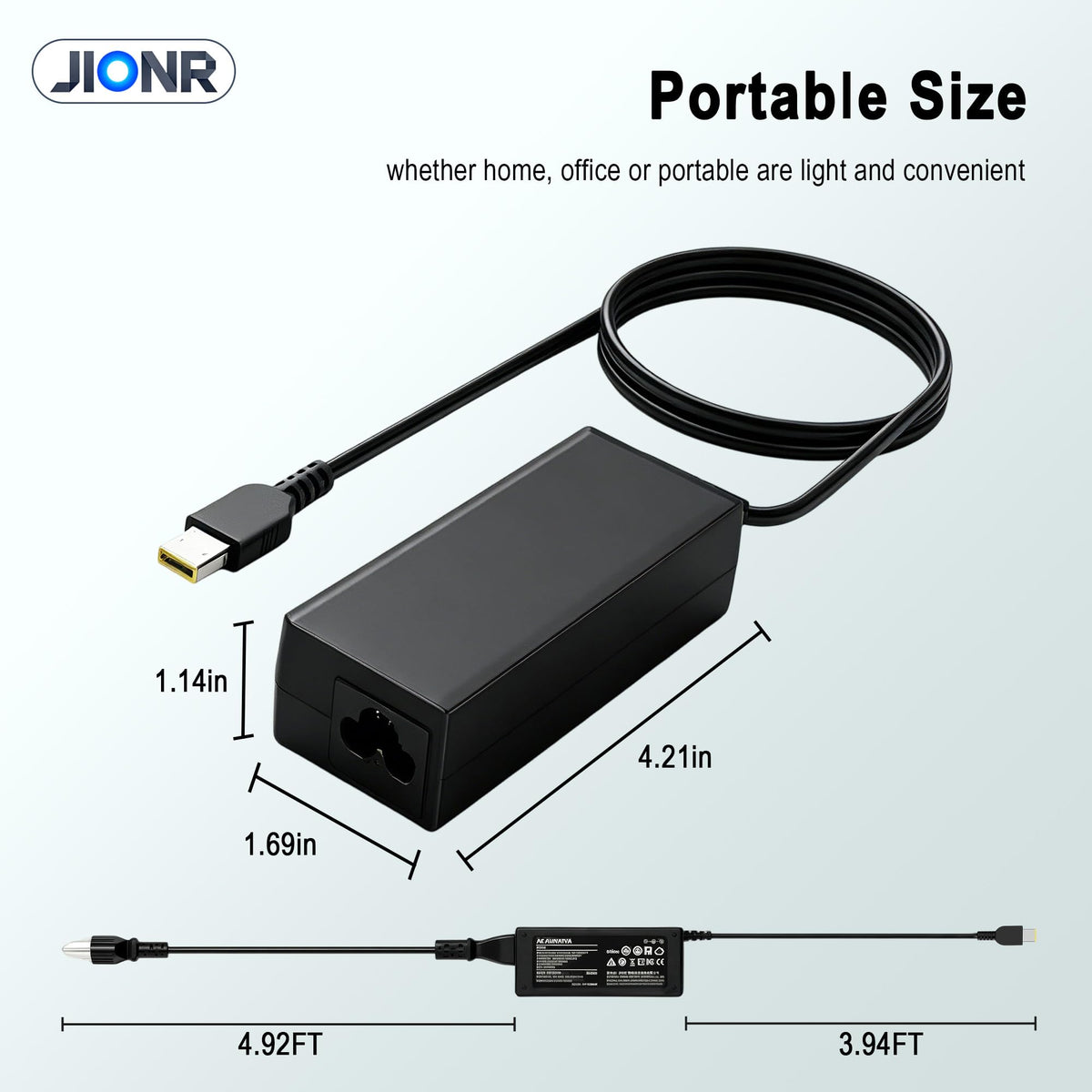 JIONR adapter next to laptop showing scale and portable convenience benefit