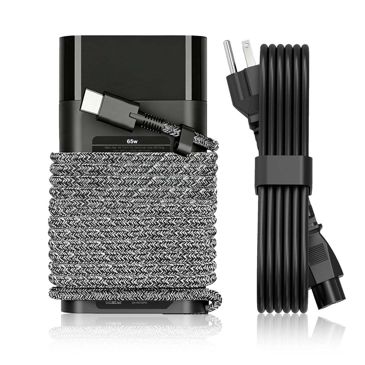 JIONR 65W USB-C charger close-up with braided cable for portable charging.