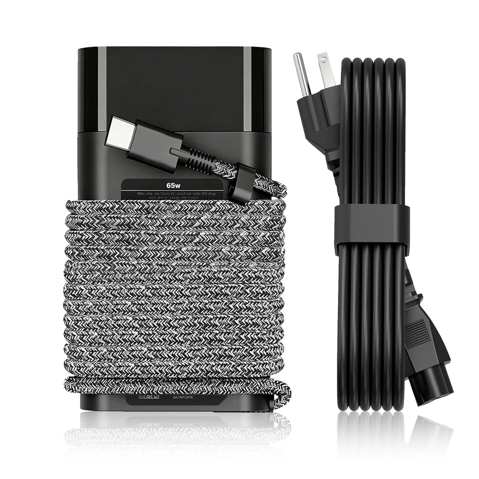 JIONR 65W USB-C charger close-up with braided cable for portable charging.