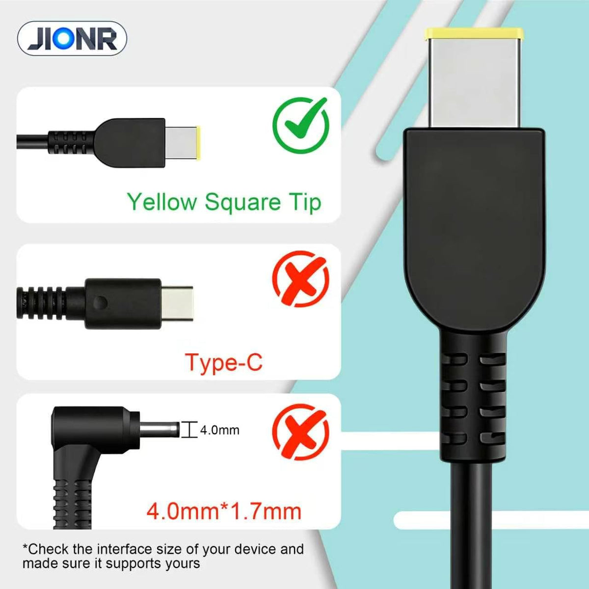JIONR yellow square tip close-up showing connector and secure fit benefit