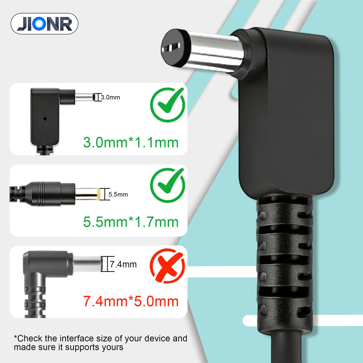 JIONR Acer 65W charger back view showing ports for versatile connections.