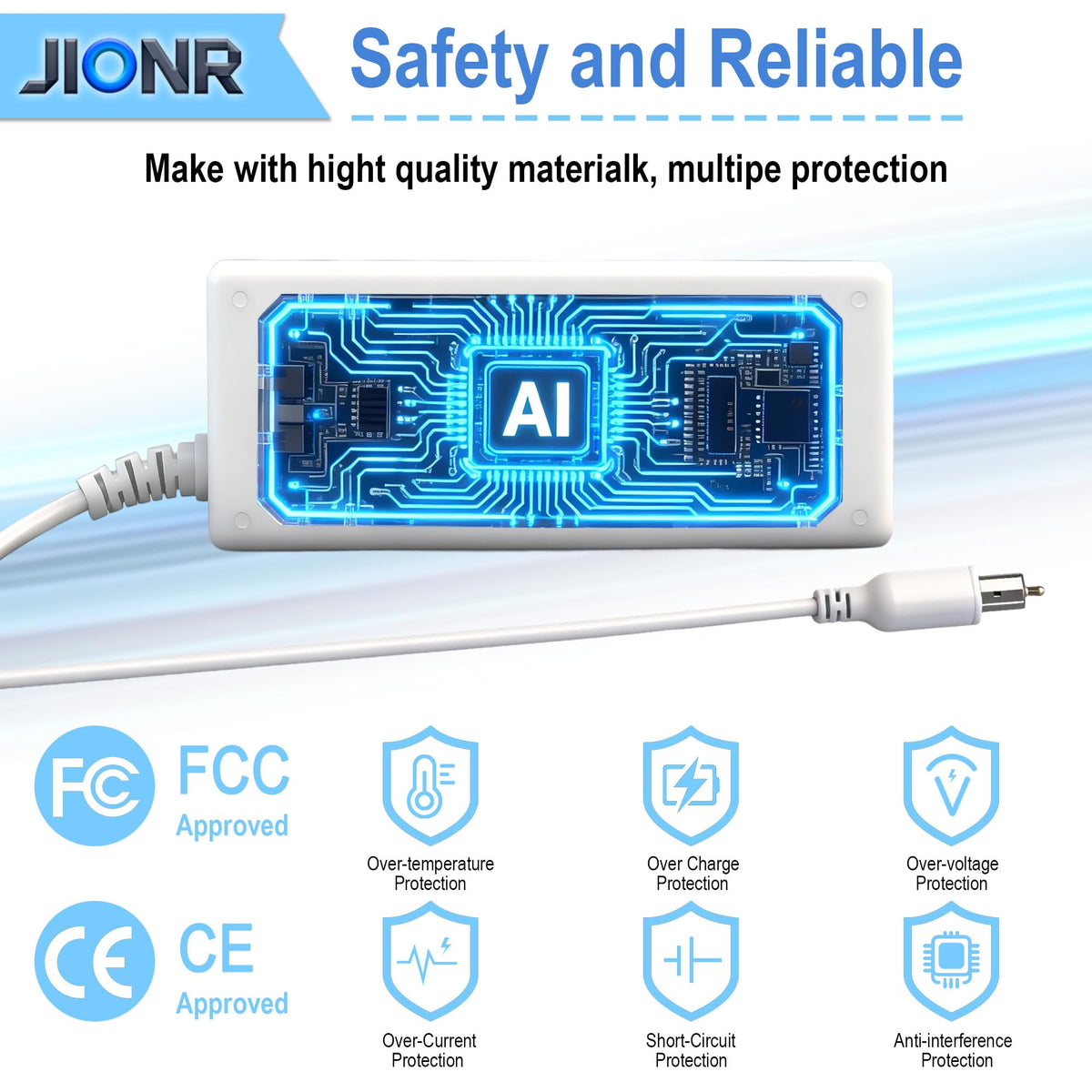 JIONR connector close-up showing 7.7mmx2.5mm barrel plug, ensures correct fit