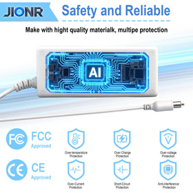 JIONR connector close-up showing 7.7mmx2.5mm barrel plug, ensures correct fit