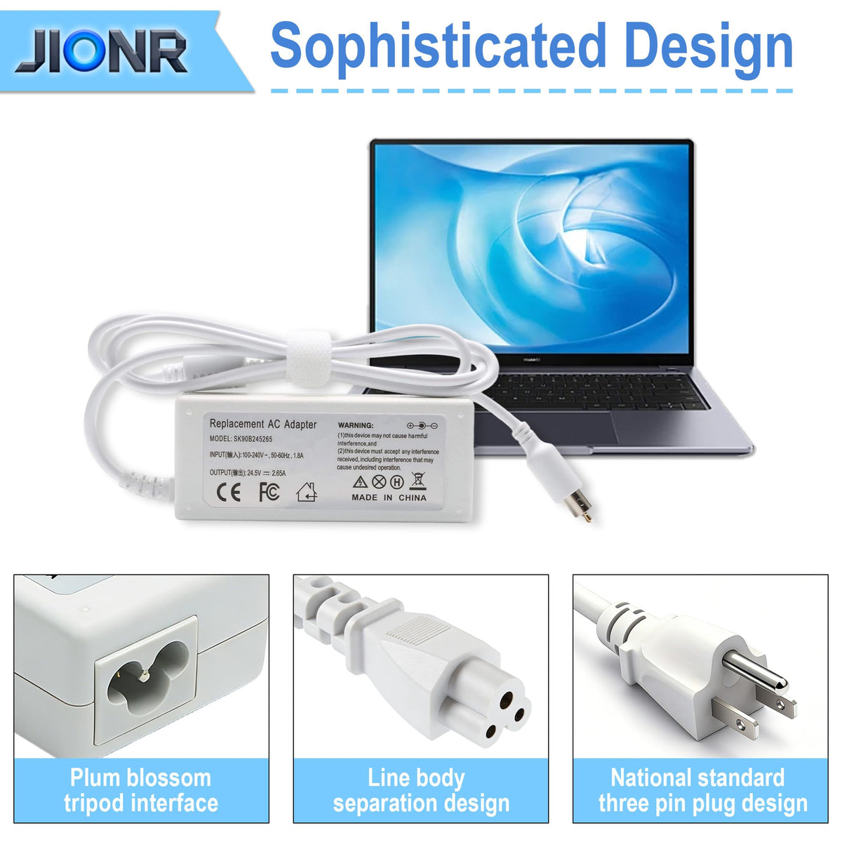 JIONR adapter side profile highlighting cooling vents and sturdy casing, durable use