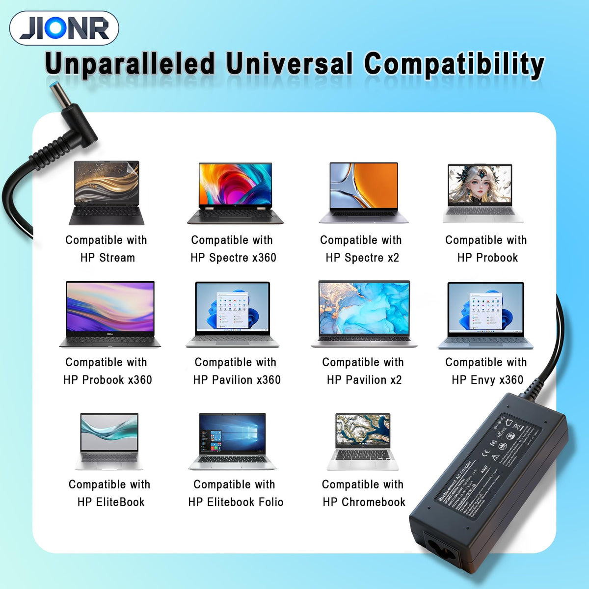 Pavilion, EliteBook, and Spectre compatibility with JIONR charger shown.