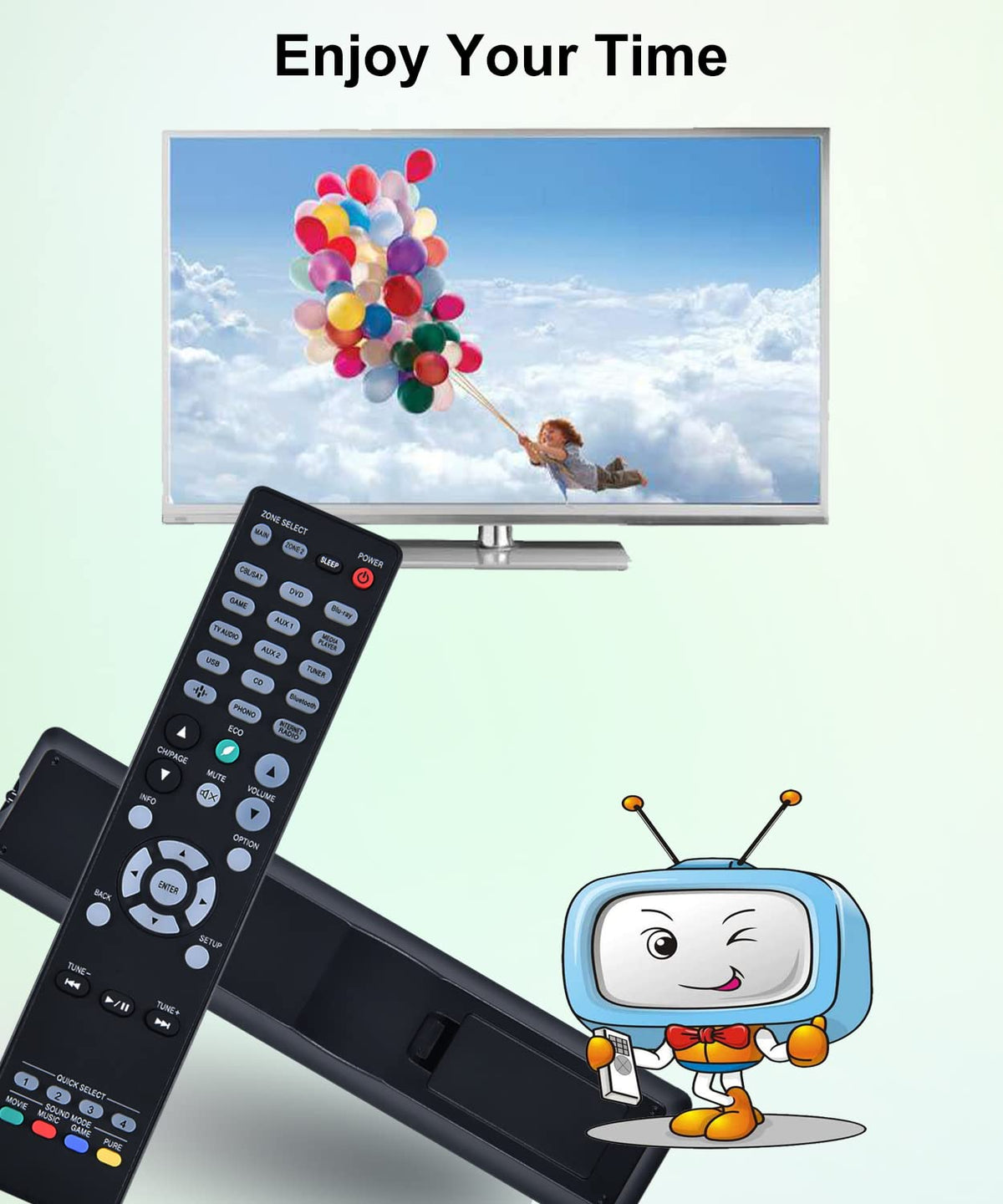 JISOWA remote on media console controlling TV and home theater setup