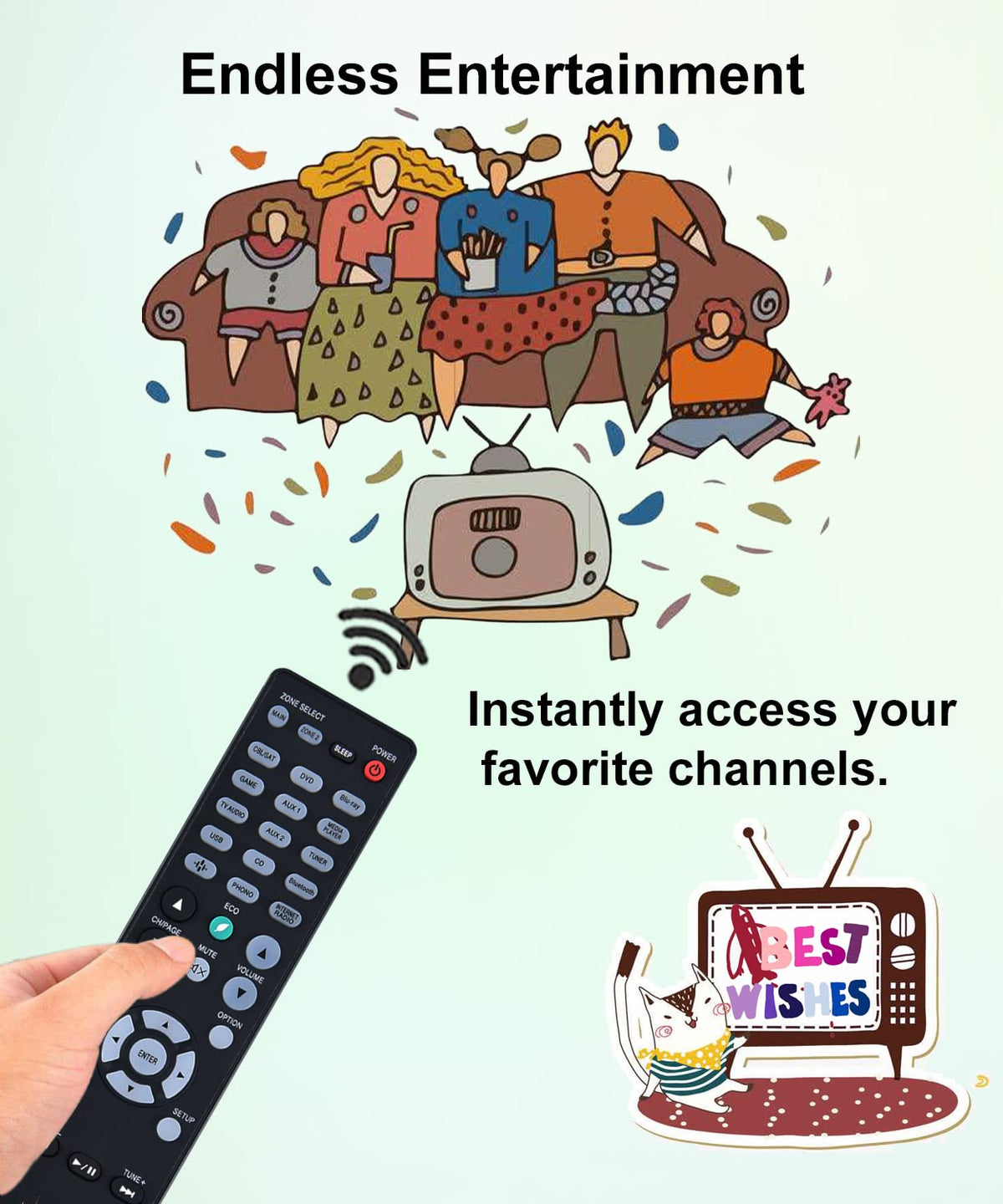 JISOWA remote placed beside Denon receiver to illustrate compatibility