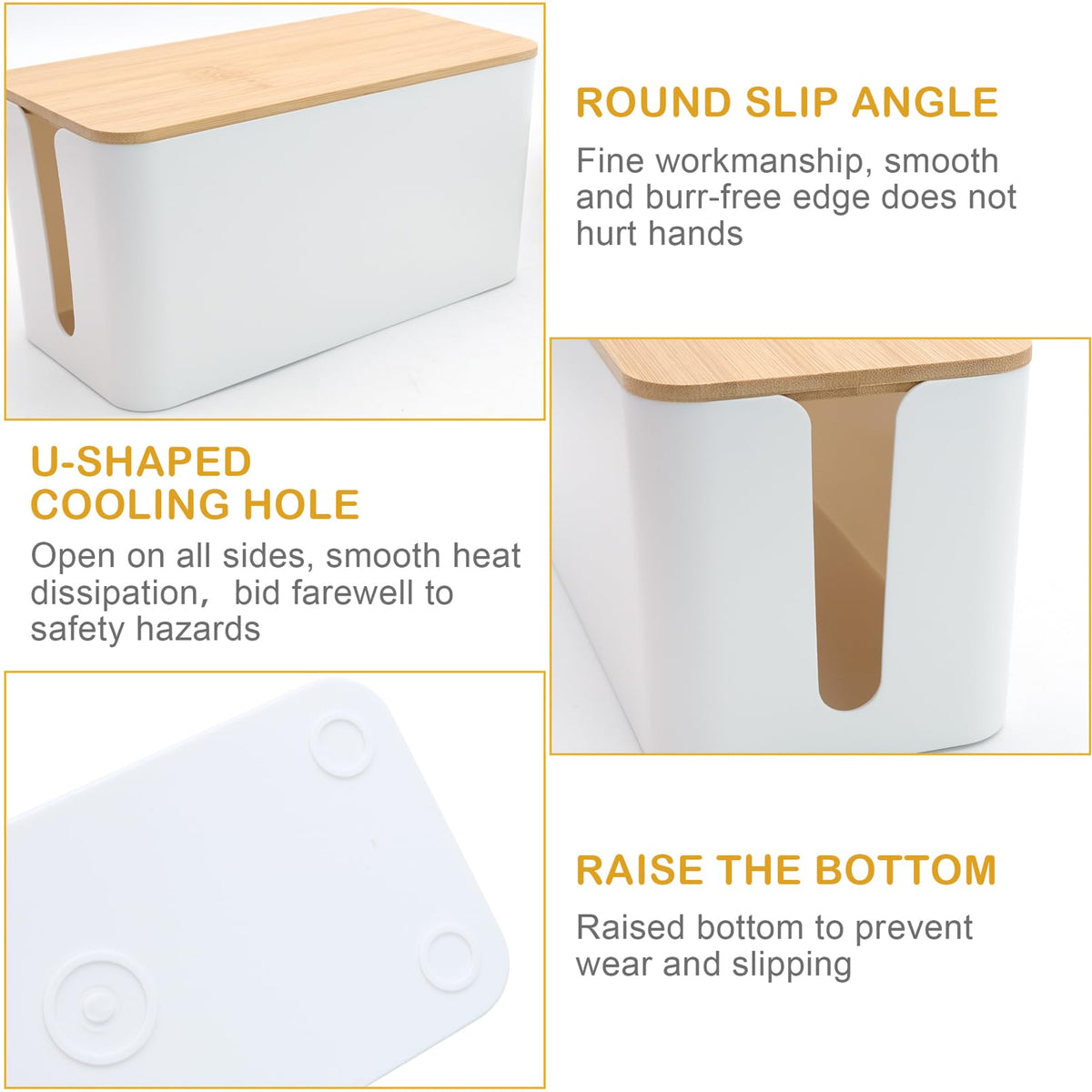 JJYHEHOT bamboo lid cable box elevates desk aesthetics while organizing power cords.