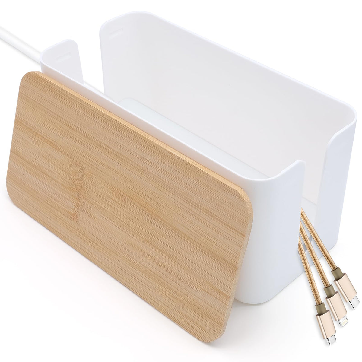 JJYHEHOT cable box with bamboo lid, front view, keeps cables organized and dust-free.
