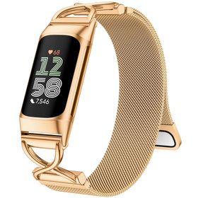 JKD Charm metal band for Charge 5 in royal gold, close-up highlighting intricate mesh.