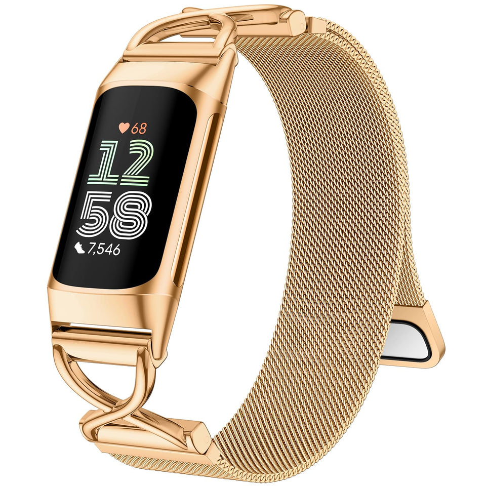 JKD Charm metal band for Charge 5 in royal gold, close-up highlighting intricate mesh.