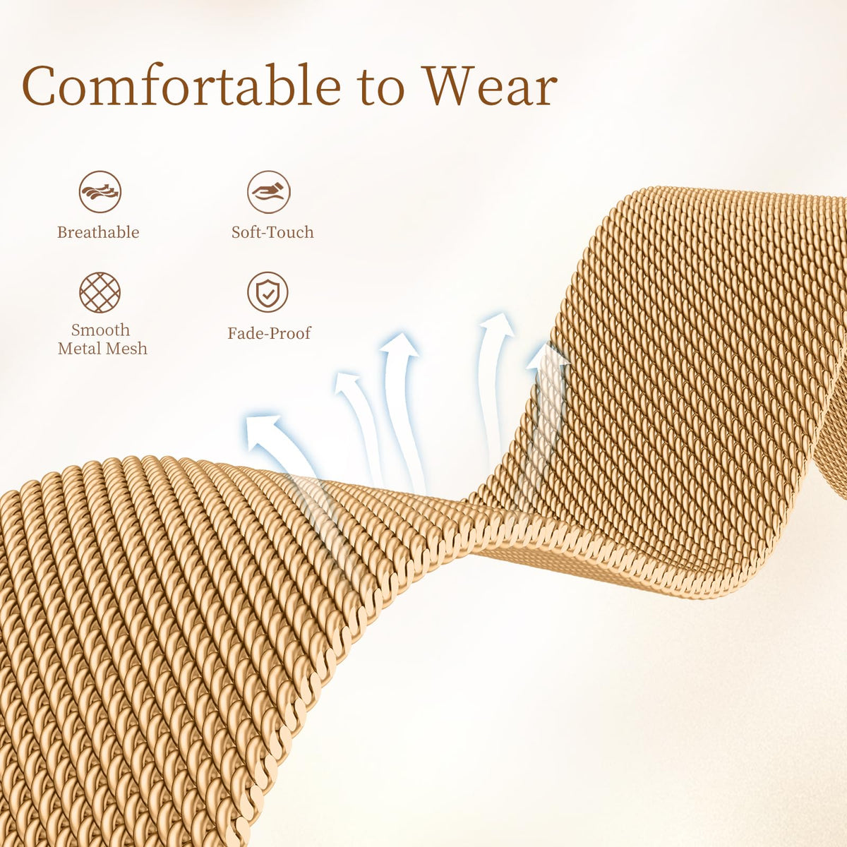 JKD Charm metal band, Charge 5, royal gold, worn on wrist showing breathable woven mesh.