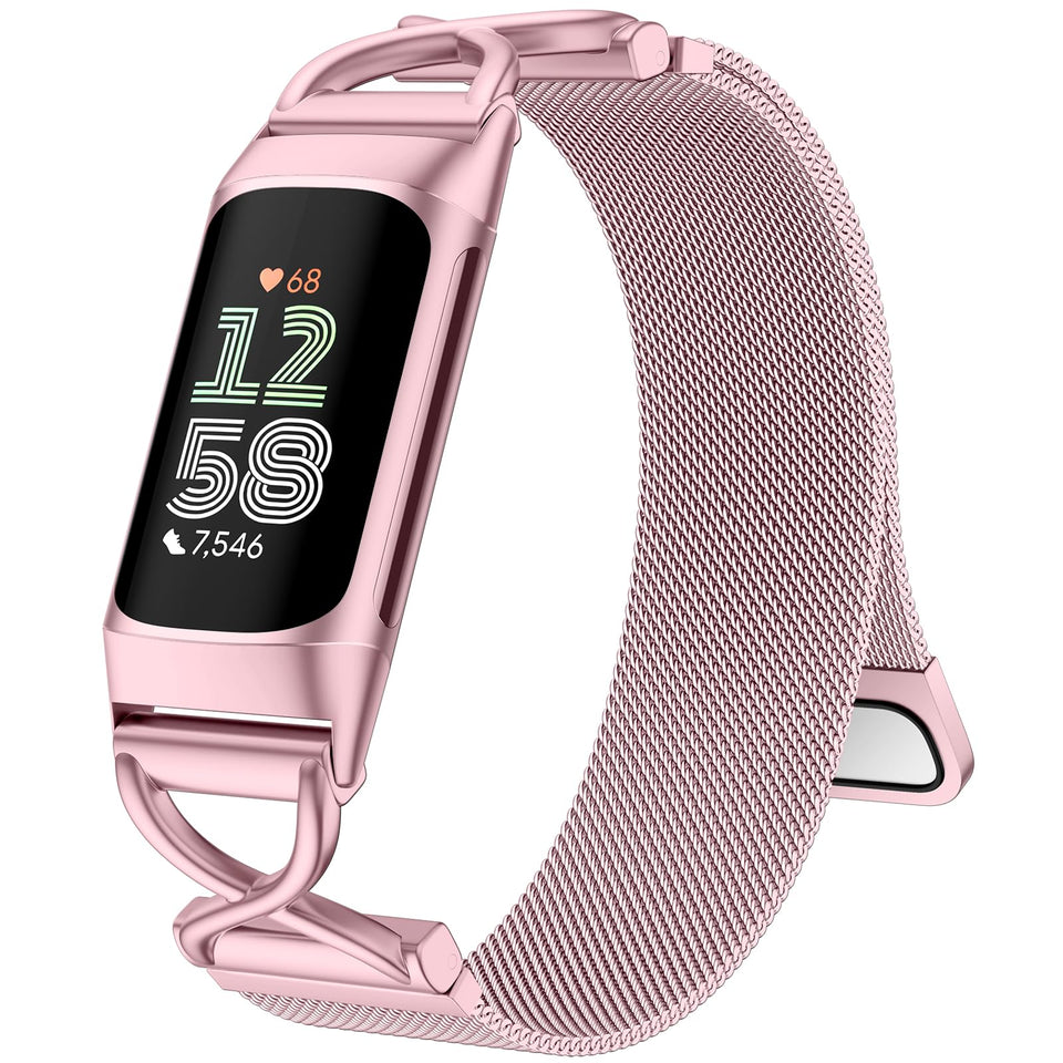 JKD Royalgold metal band for Fitbit Charge 6 close-up showing shimmering mesh for daily comfort