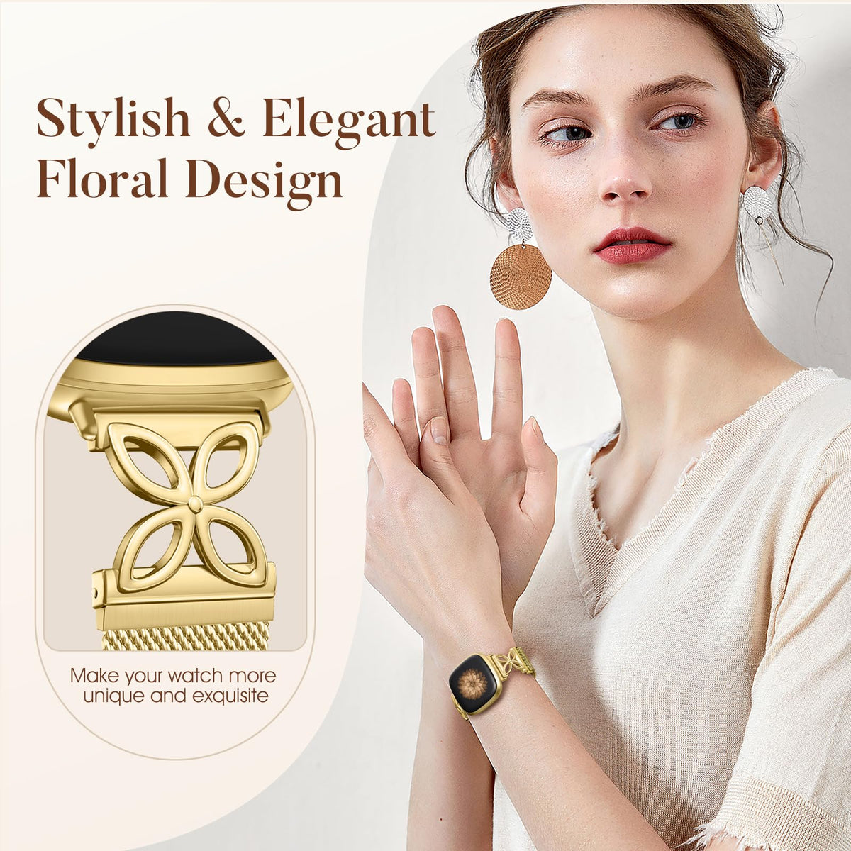 JKD floral metal band Sense 2 close-up showing elegant silhouette for daily wear.