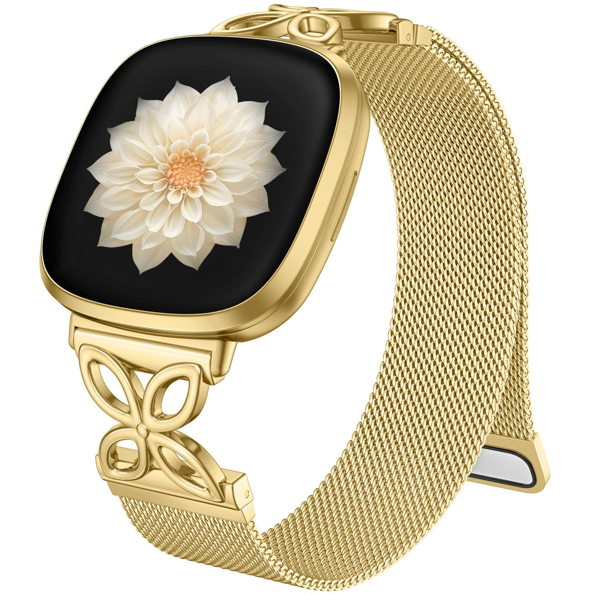 JKD floral metal band for Versa 4 with gold finish provides a secure, stylish fit.