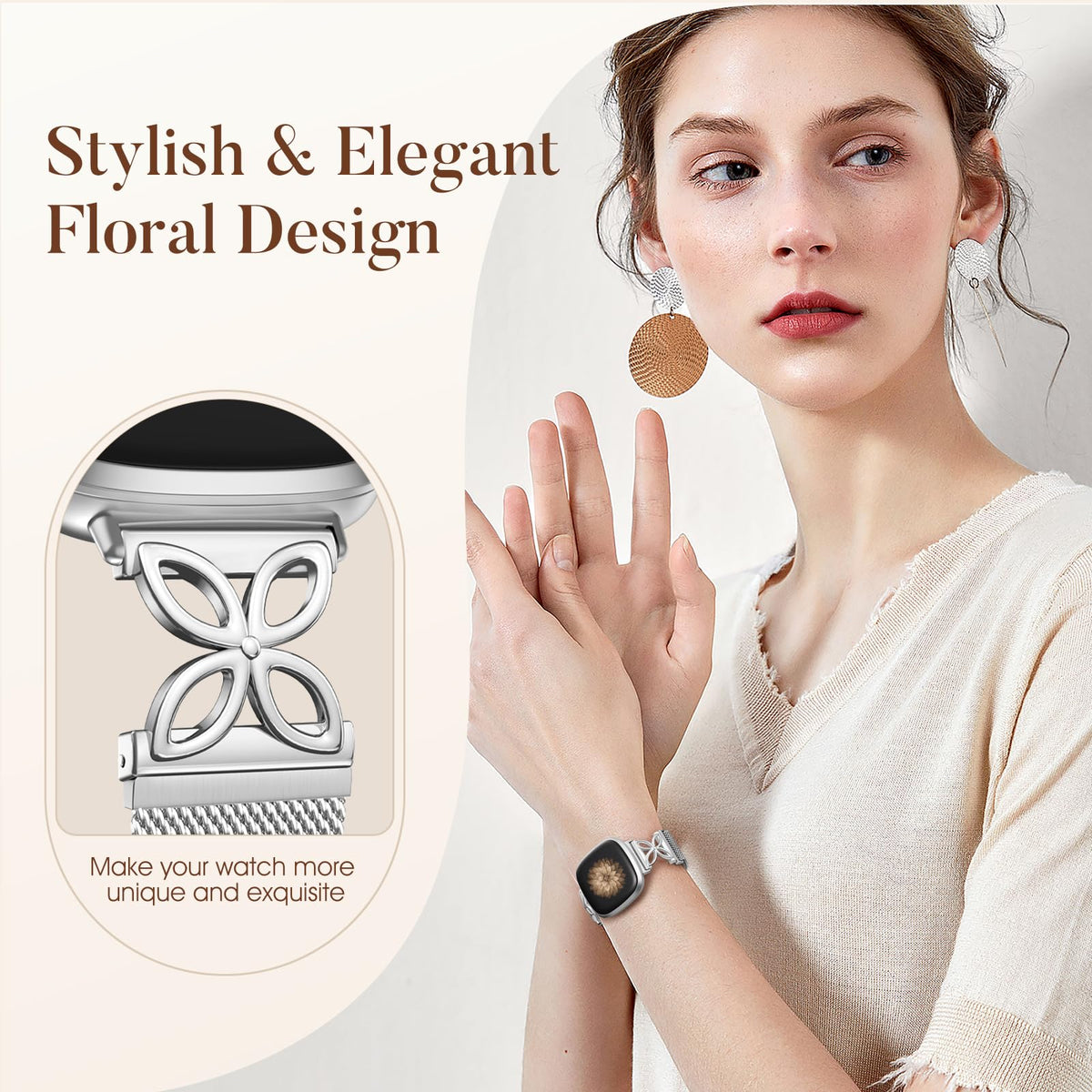 JKD floral-shape metal band on Sense 2; stylish feminine accessory