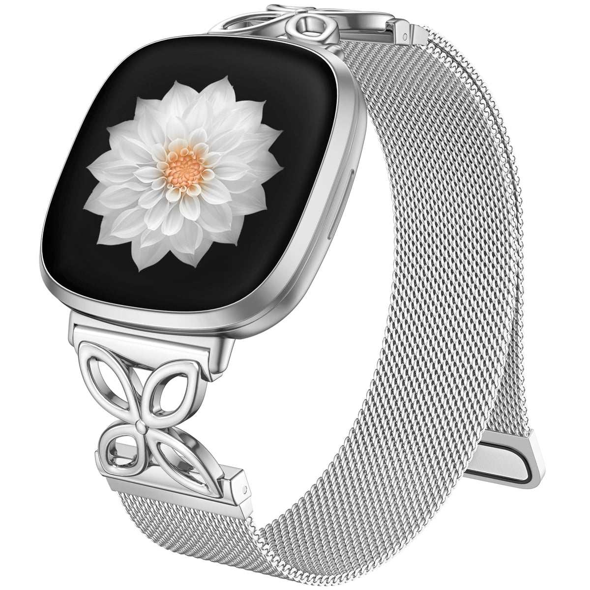 JKD floral-shape metal band on Versa 4; elegant daily wear