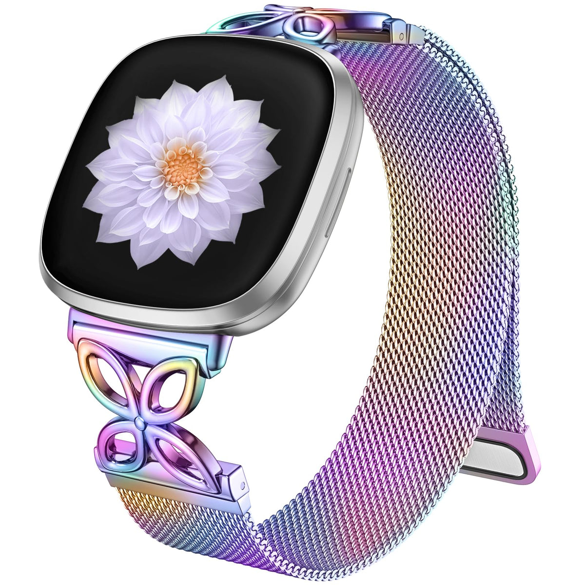 JKD flower shaped metal band for Versa 4 in elegant close up view showing floral design and wearability