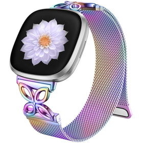 JKD flower shaped metal band for Versa 4 in elegant close up view showing floral design and wearability