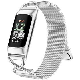 JKD silver band with magnetic clasp on Fitbit Charge 6 for secure daily wear.