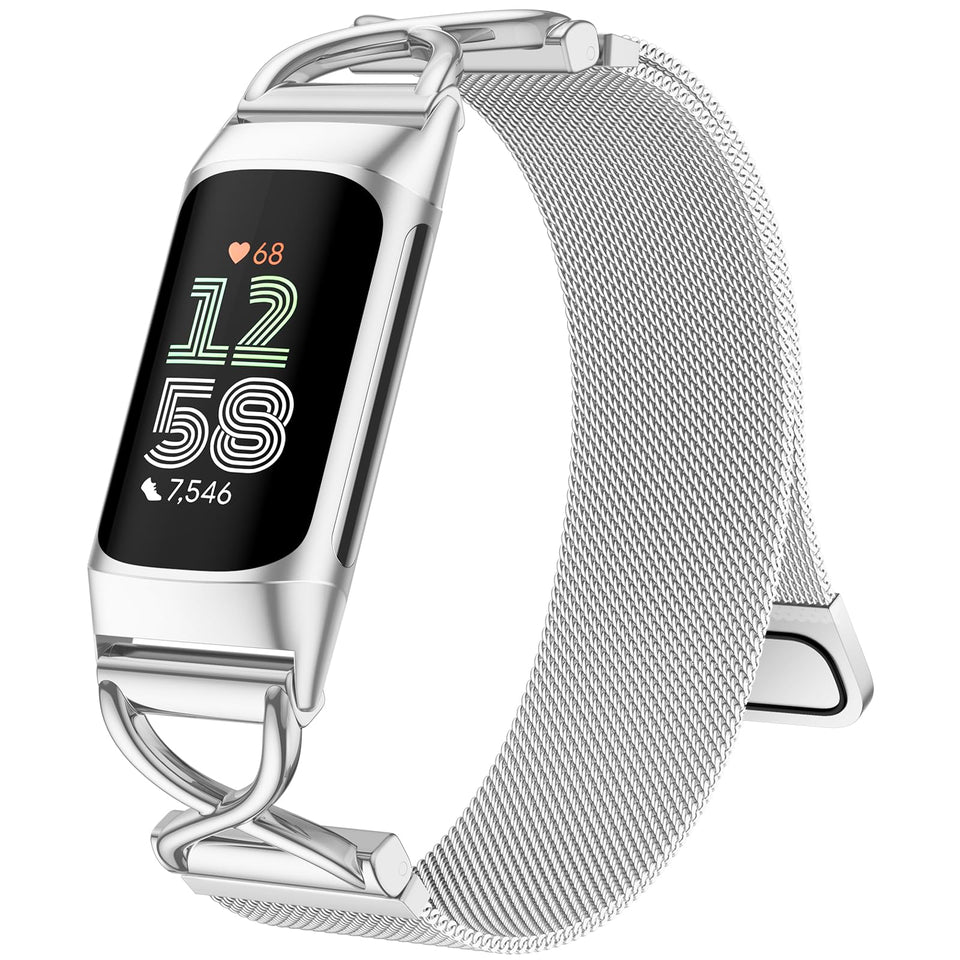 JKD silver band with magnetic clasp on Fitbit Charge 6 for secure daily wear.