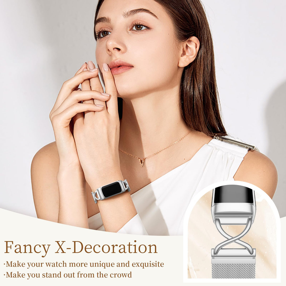 JKD silver band woven mesh for Fitbit Charge 6, breathable and skin-friendly.