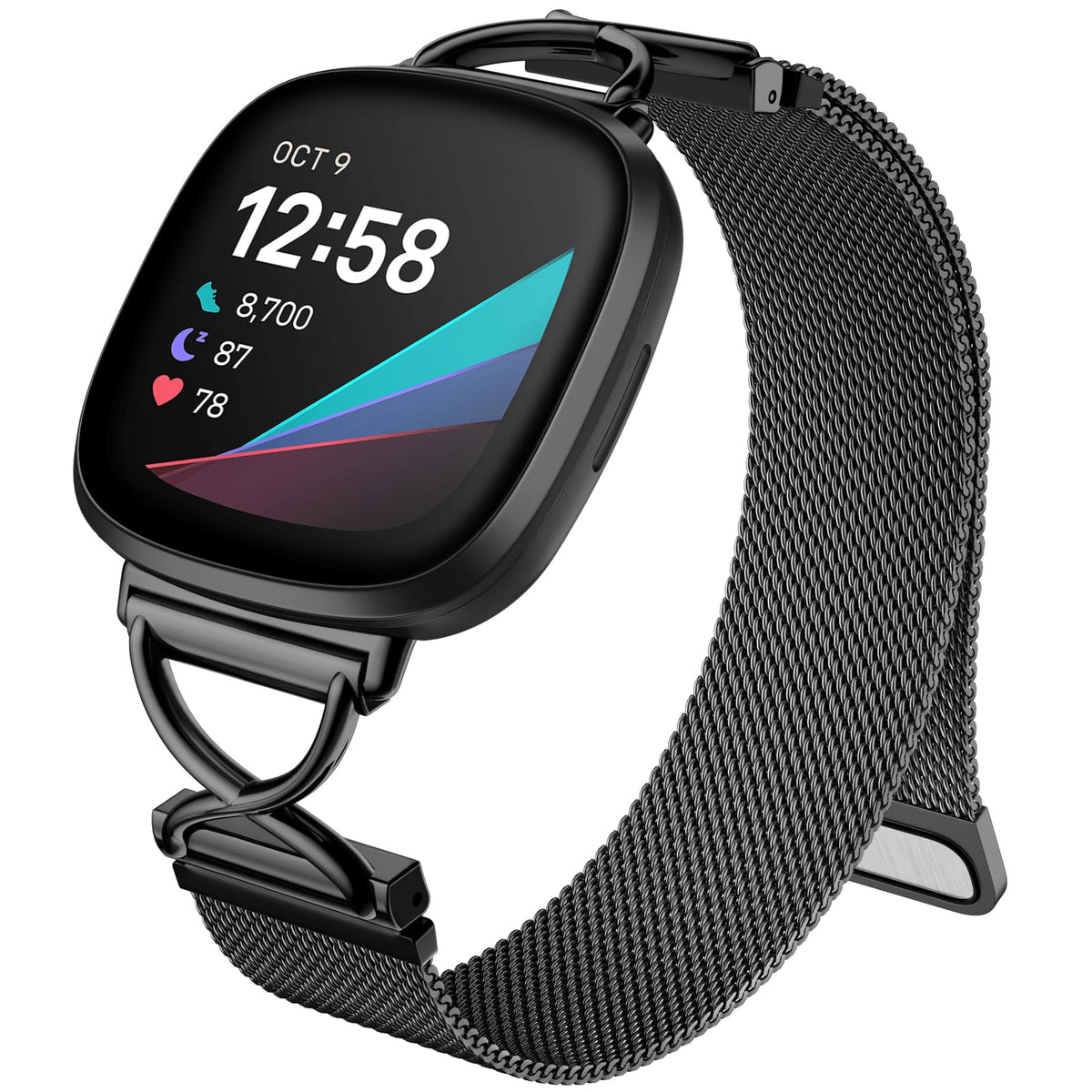 JKD X-Shape metal band on Versa 4, angle shot, stylish and comfortable for all-day wear