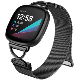 JKD X-Shape metal band on Versa 4, angle shot, stylish and comfortable for all-day wear