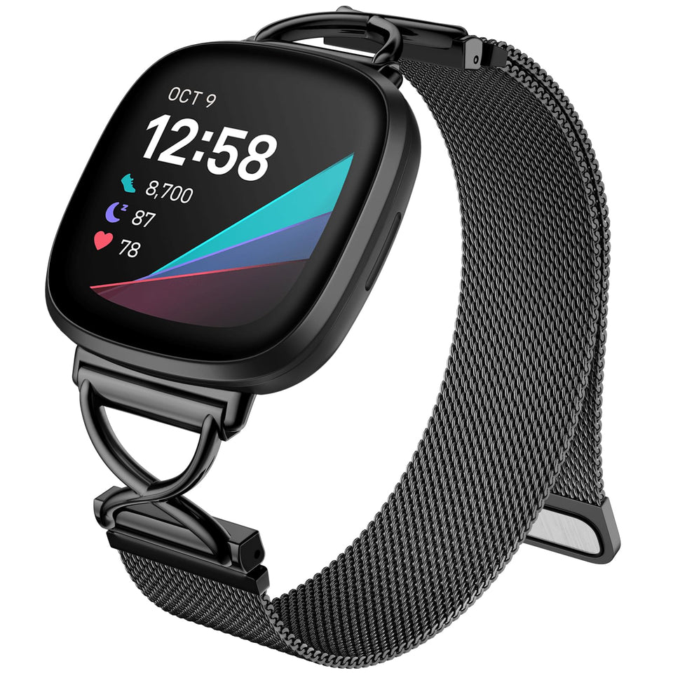 JKD X-Shape metal band on Versa 4, angle shot, stylish and comfortable for all-day wear