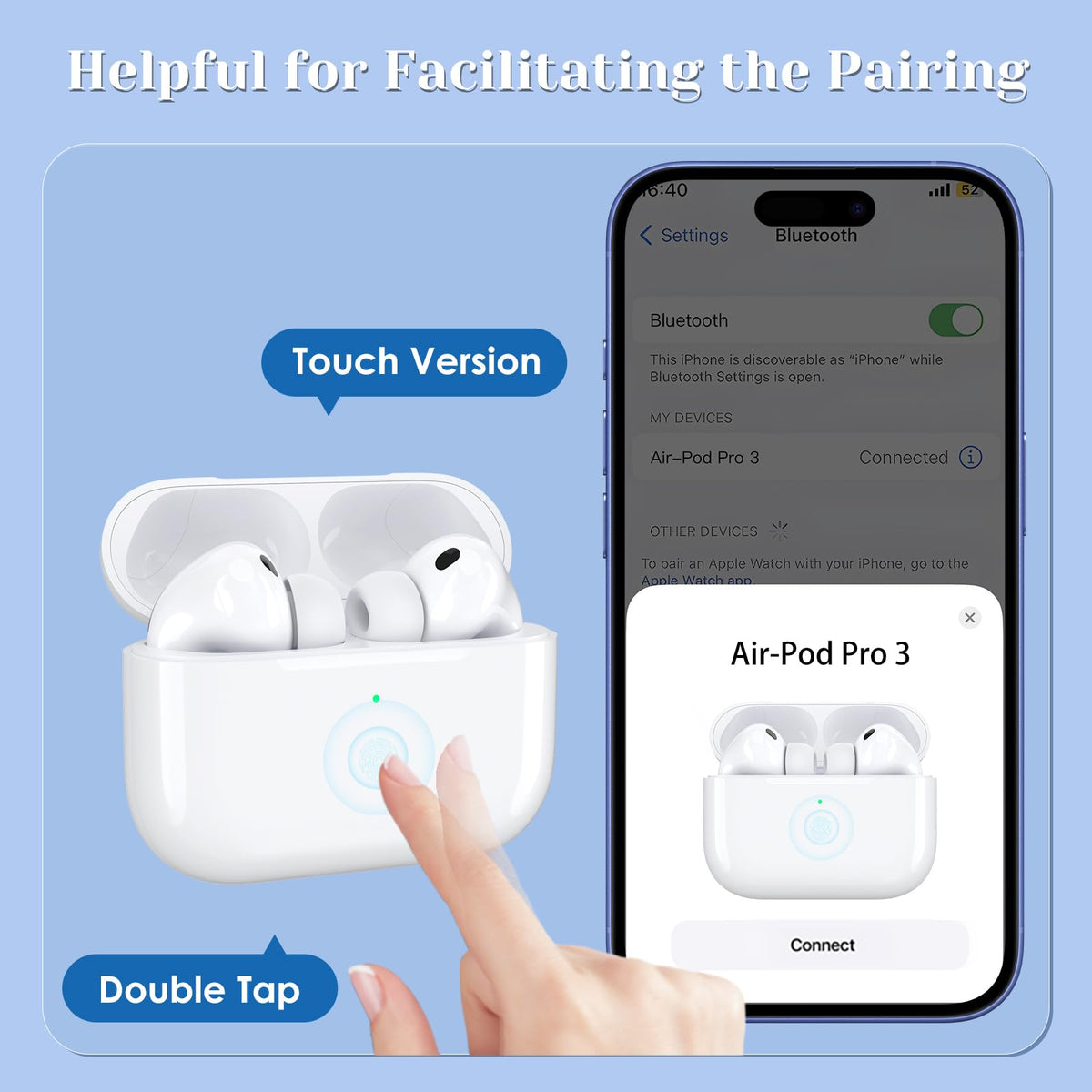 JKV AirPods Pro 3 case with Bluetooth touch sensing for easy pairing