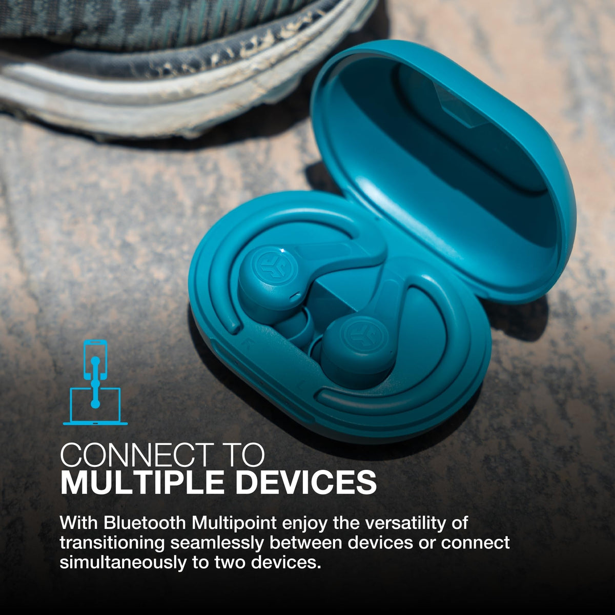 JLab JBuds Sport ANC4 teal ANC and Be Aware controls in use.