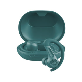 JLab JBuds Sport ANC4 teal case open for easy charging on the move.